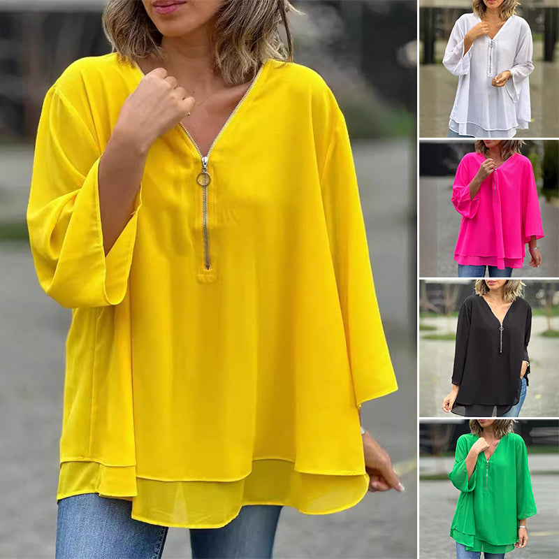 Risa - Elegantes Damen Chiffon-Top mit V-Ausschnitt und Reißverschluss Gelb