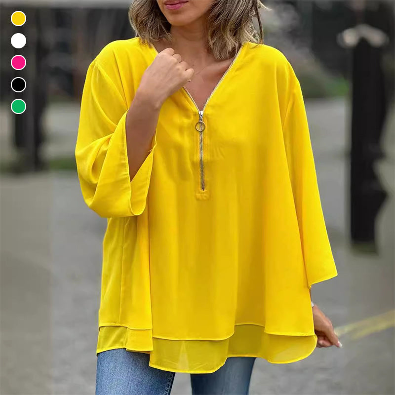 Risa - Elegantes Damen Chiffon-Top mit V-Ausschnitt und Reißverschluss Gelb 2