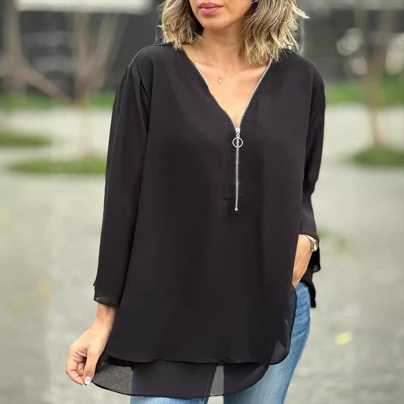 Risa - Elegantes Damen Chiffon-Top mit V-Ausschnitt und Reißverschluss Schwarz