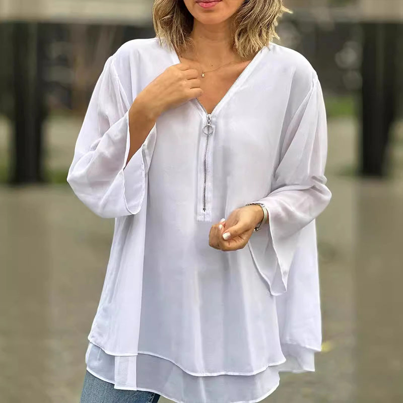 Risa - Elegantes Damen Chiffon-Top mit V-Ausschnitt und Reißverschluss WeiB