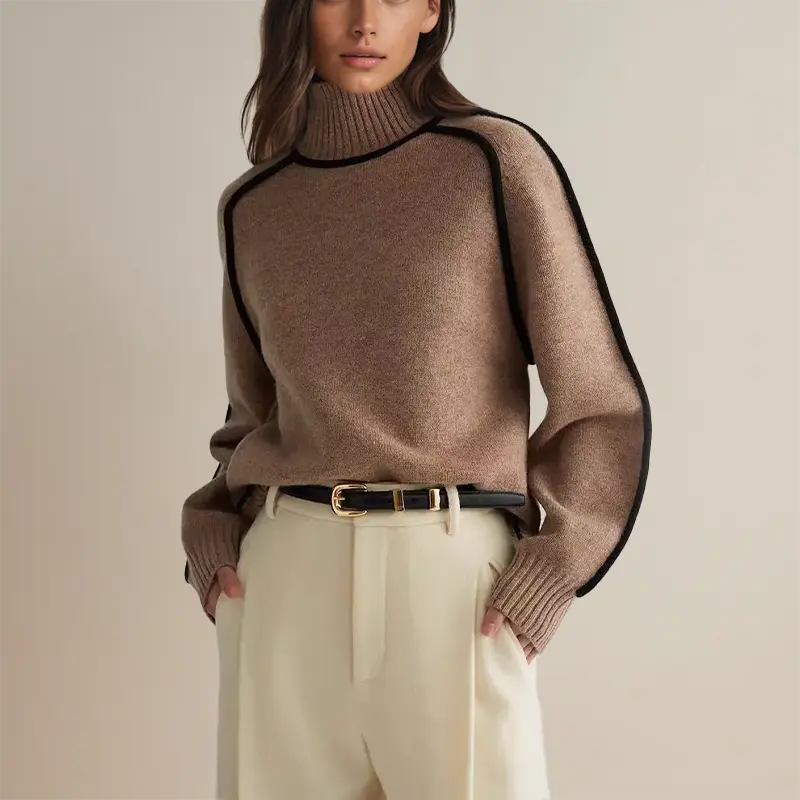 Rita - Damen Rollkragenpullover Streifen Warm Elegant Braun