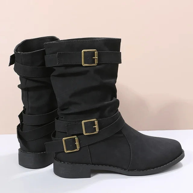 Ashley - Damen Kurze Cowboy Stiefel mit Gürtelschnalle