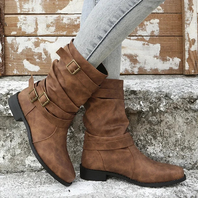 Ashley - Damen Kurze Cowboy Stiefel mit Gürtelschnalle