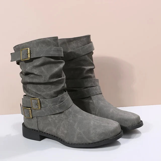 Ashley - Damen Kurze Cowboy Stiefel mit Gürtelschnalle