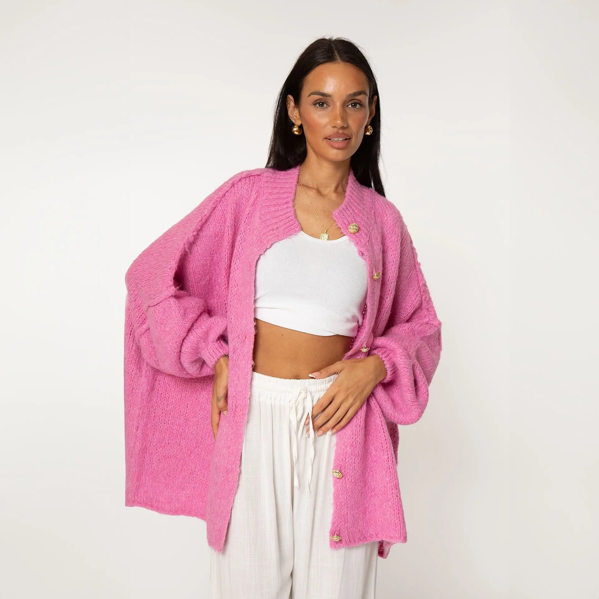 Simone - Damen Oversize Strick Cardigan mit Goldknöpfen Heißes Rosa