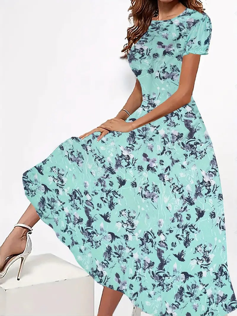 Tabea - Damen Kleid blumiger Rundhalsausschnitt, leichtes Cyan