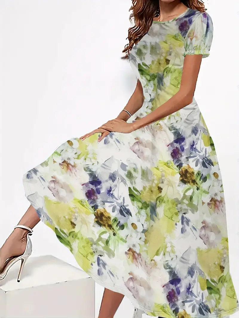Tabea - Damen Kleid blumiger Rundhalsausschnitt, leichtes Gelb