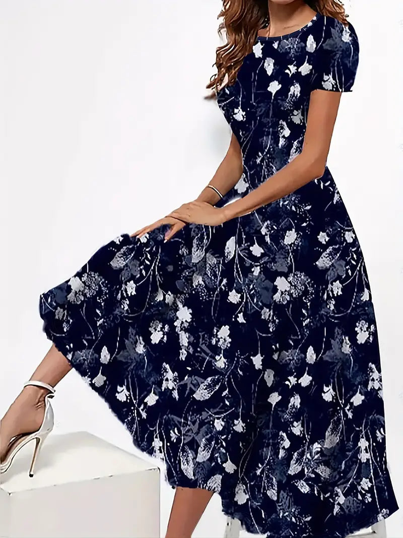 Tabea - Damen Kleid blumiger Rundhalsausschnitt, leichtes Marineblau