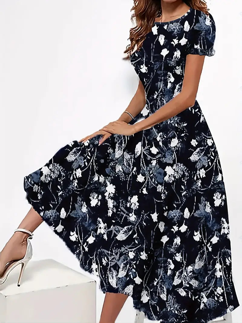 Tabea - Damen Kleid blumiger Rundhalsausschnitt, leichtes Schwarz