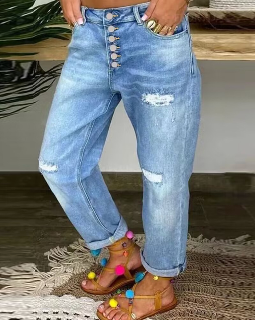 Telse - Damen-Jeans aus Denim mit Knopfverschluss Blau