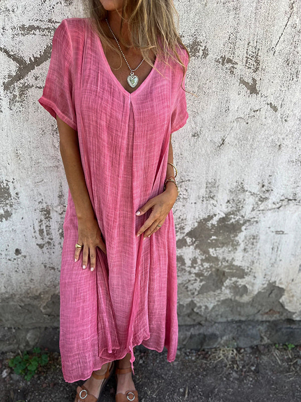 Thyra - Damen-Midikleid aus Leinen mit V-Ausschnitt und kurzen Ärmeln Rosa
