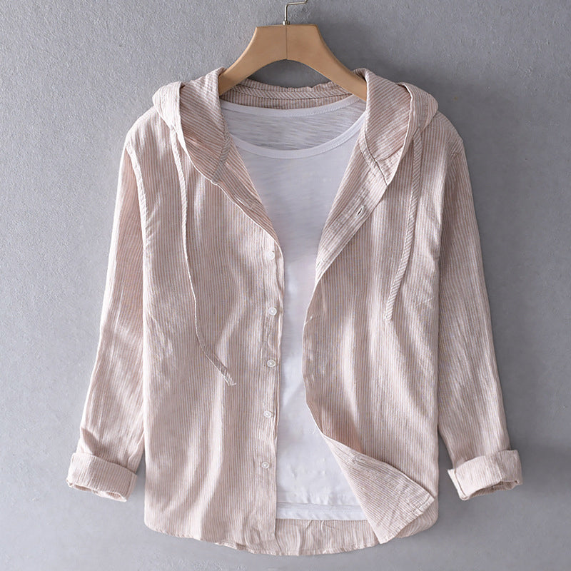 Tilda- Gestreifte Damen Kapuzenbluse aus Leinen Baumwoll Beige
