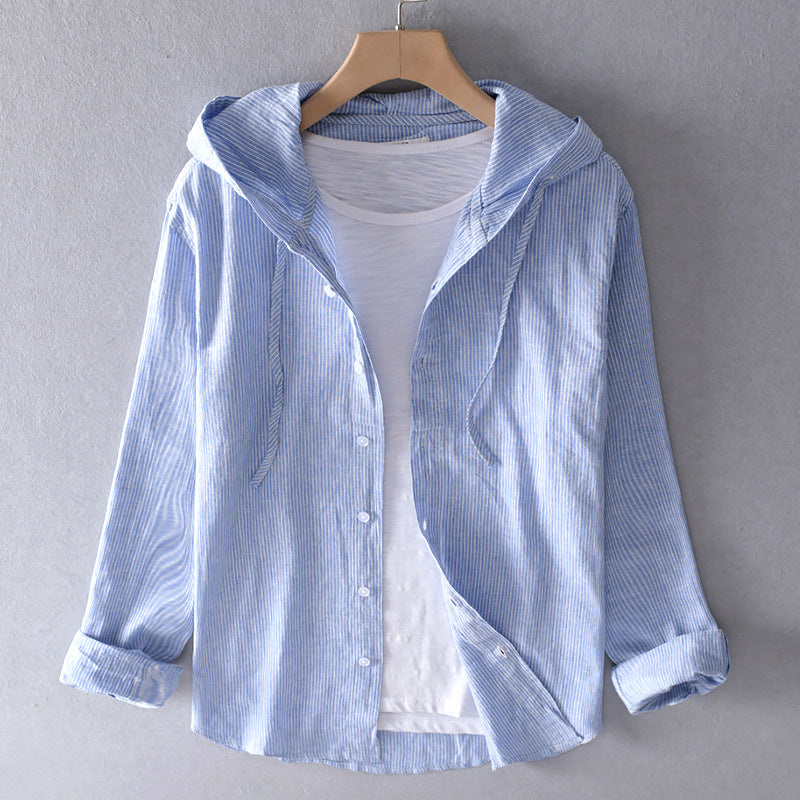 Tilda- Gestreifte Damen Kapuzenbluse aus Leinen Baumwoll Blau