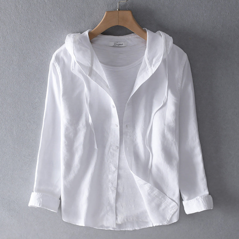 Tilda- Gestreifte Damen Kapuzenbluse aus Leinen Baumwoll Weiss