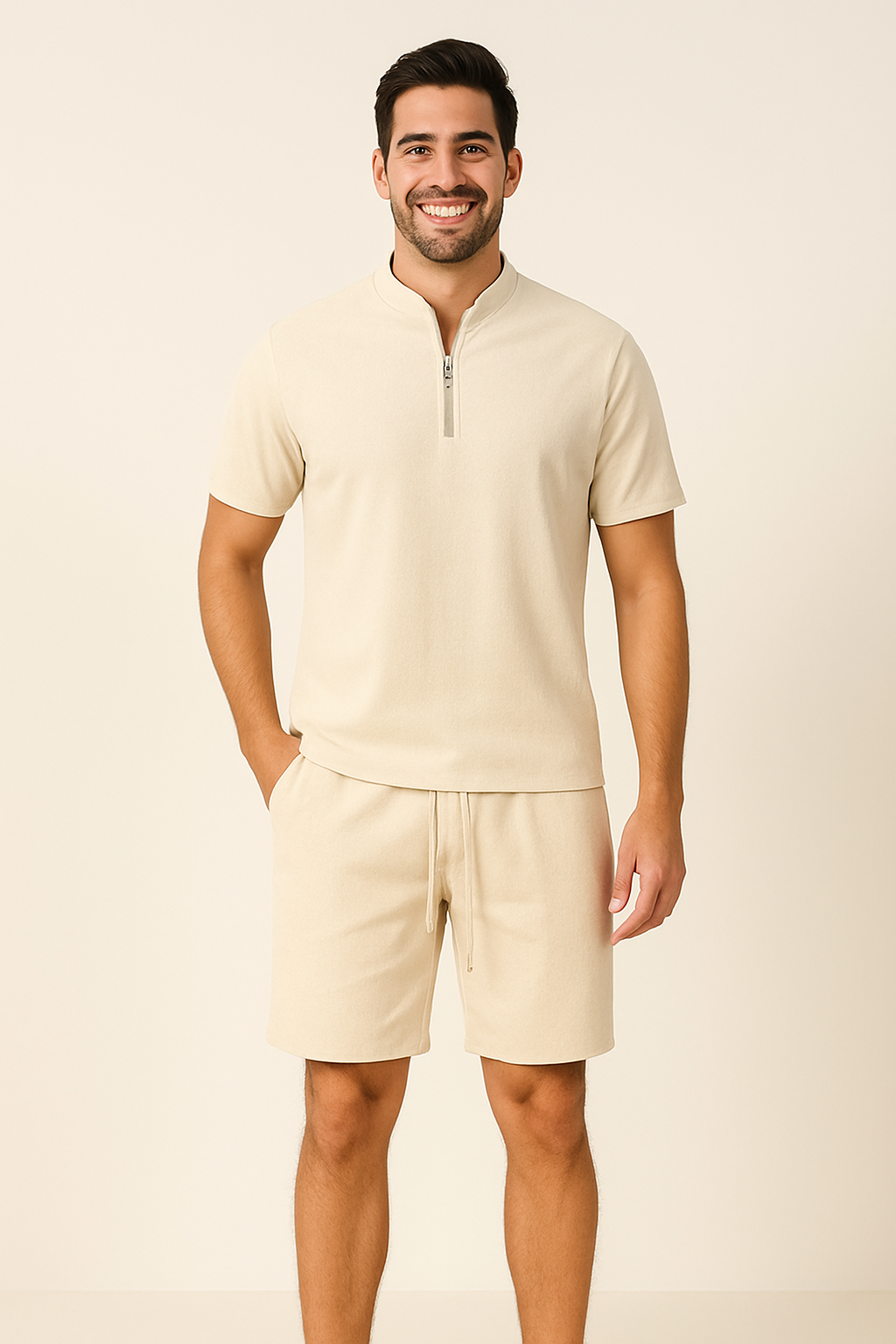 Tomás - Waffelstrick-Set mit Reißverschlusskragen - Khaki