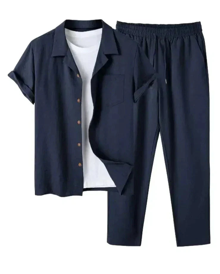 Torian - Herren Leinen Kurzarmhemd und Hose Set Dunkelblau