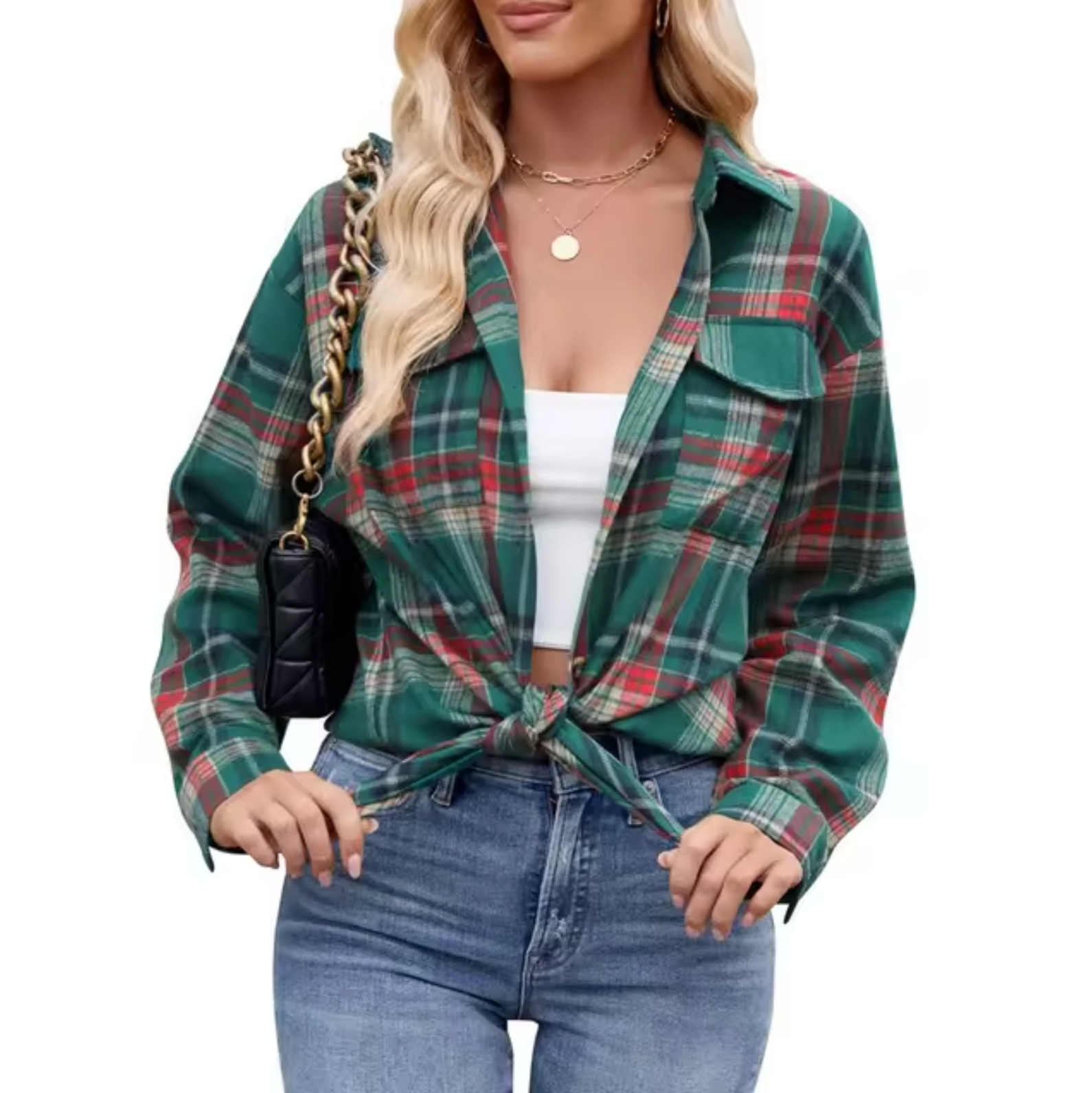 Uljana - Kariertes Button-Down-Hemd für Frauen Dunkelgrun