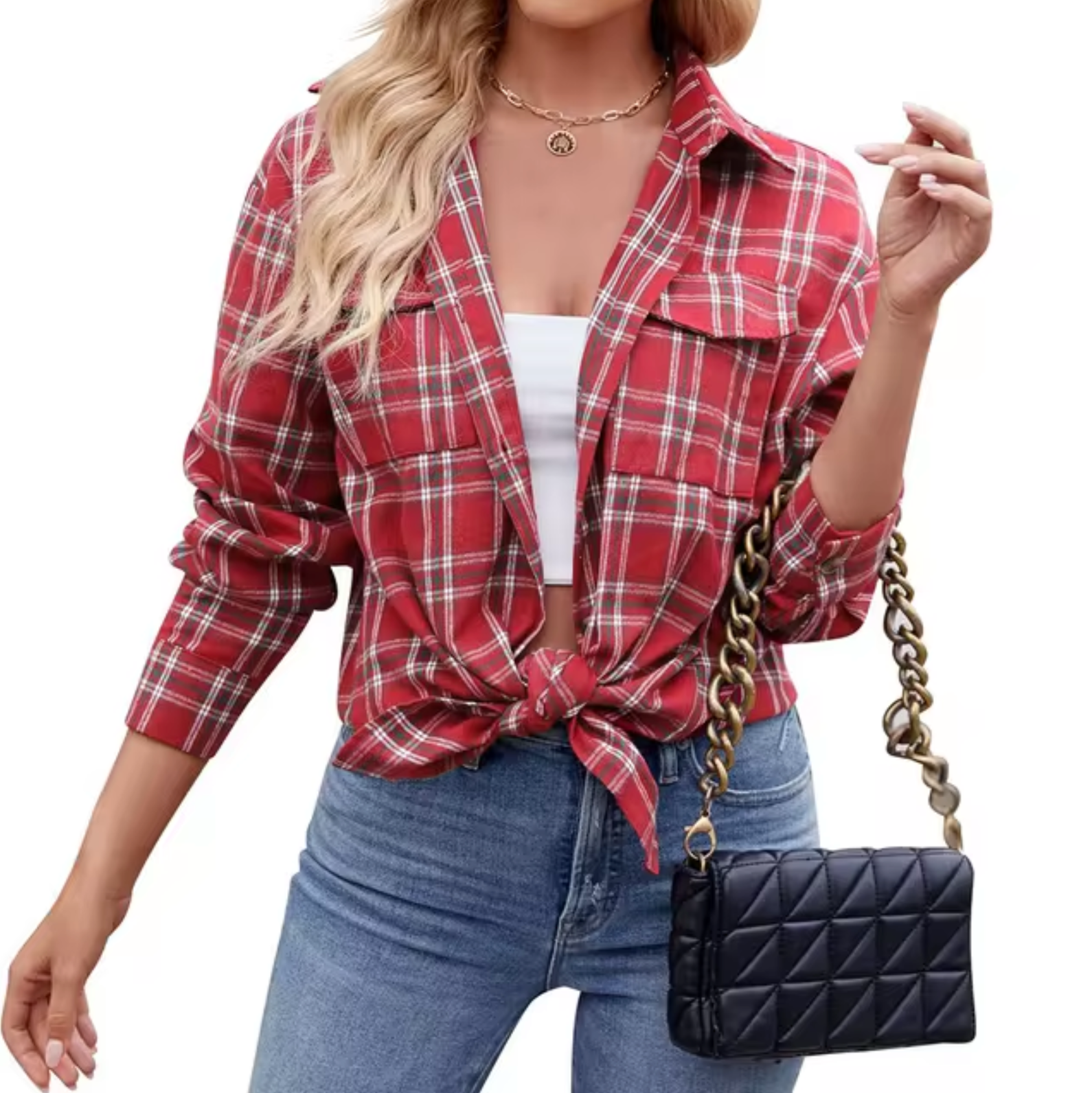 Uljana - Kariertes Button-Down-Hemd für Frauen Rot WeiB