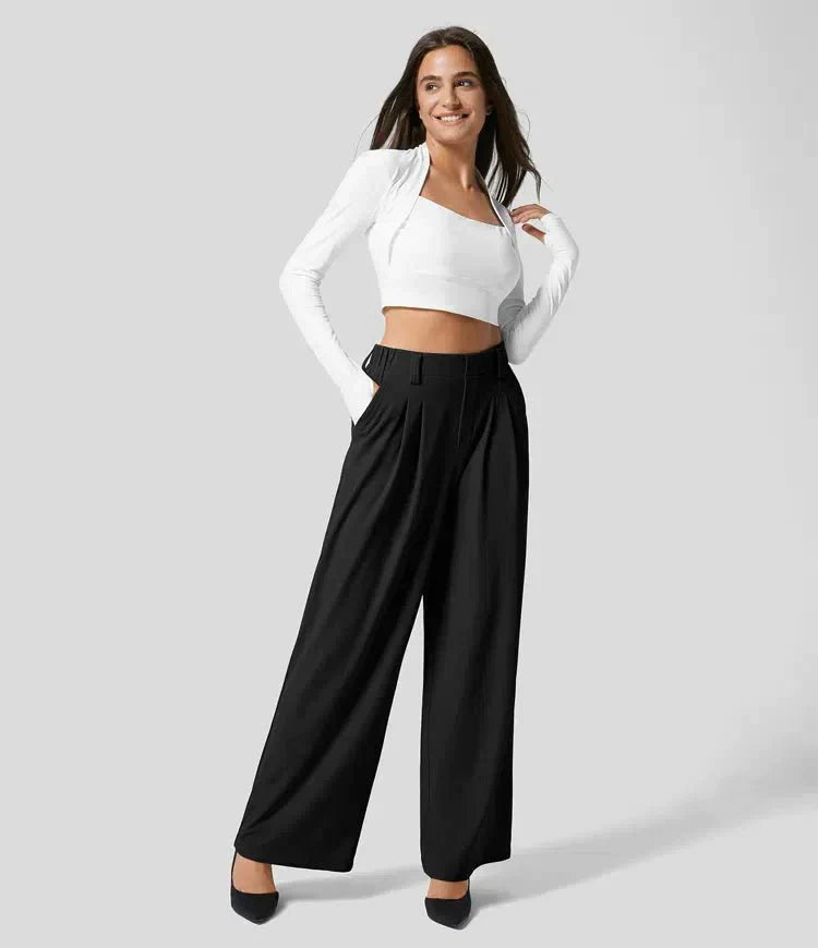 Ulrika - Damenhose mit weitem Bein und Falten sowie elastischem Bund Schwarz