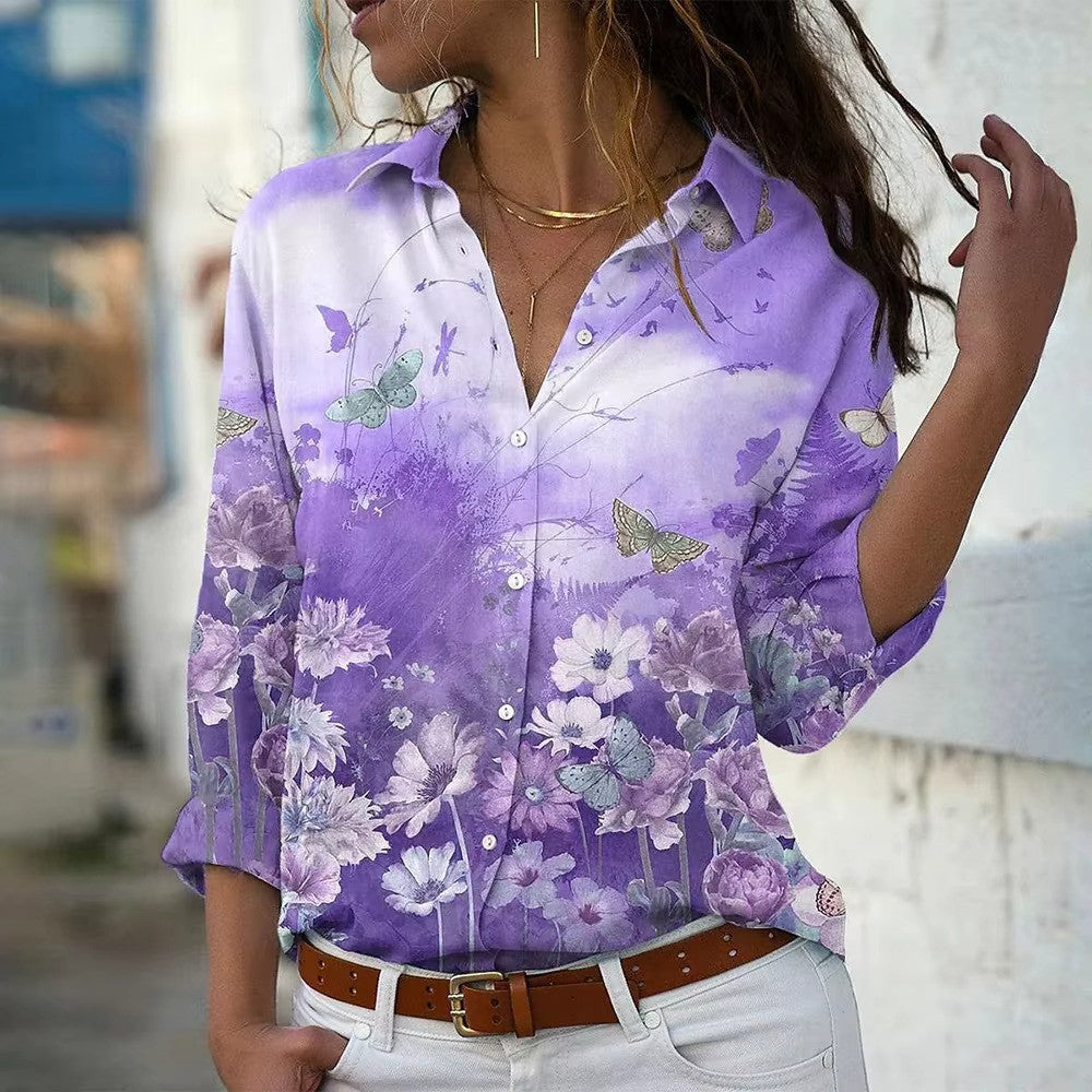 Ursel - Damen bedruckte Bluse mit Knöpfen Lila 2