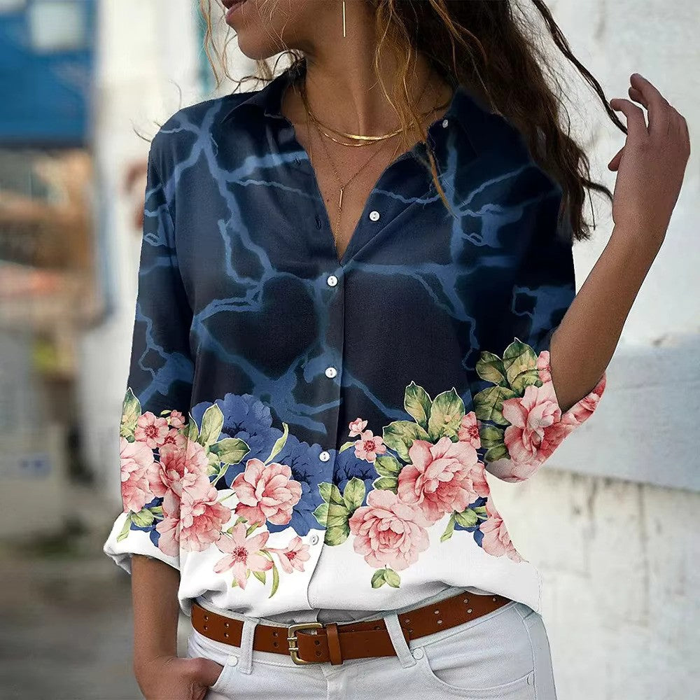 Ursel - Damen bedruckte Bluse mit Knöpfen MarineBlau