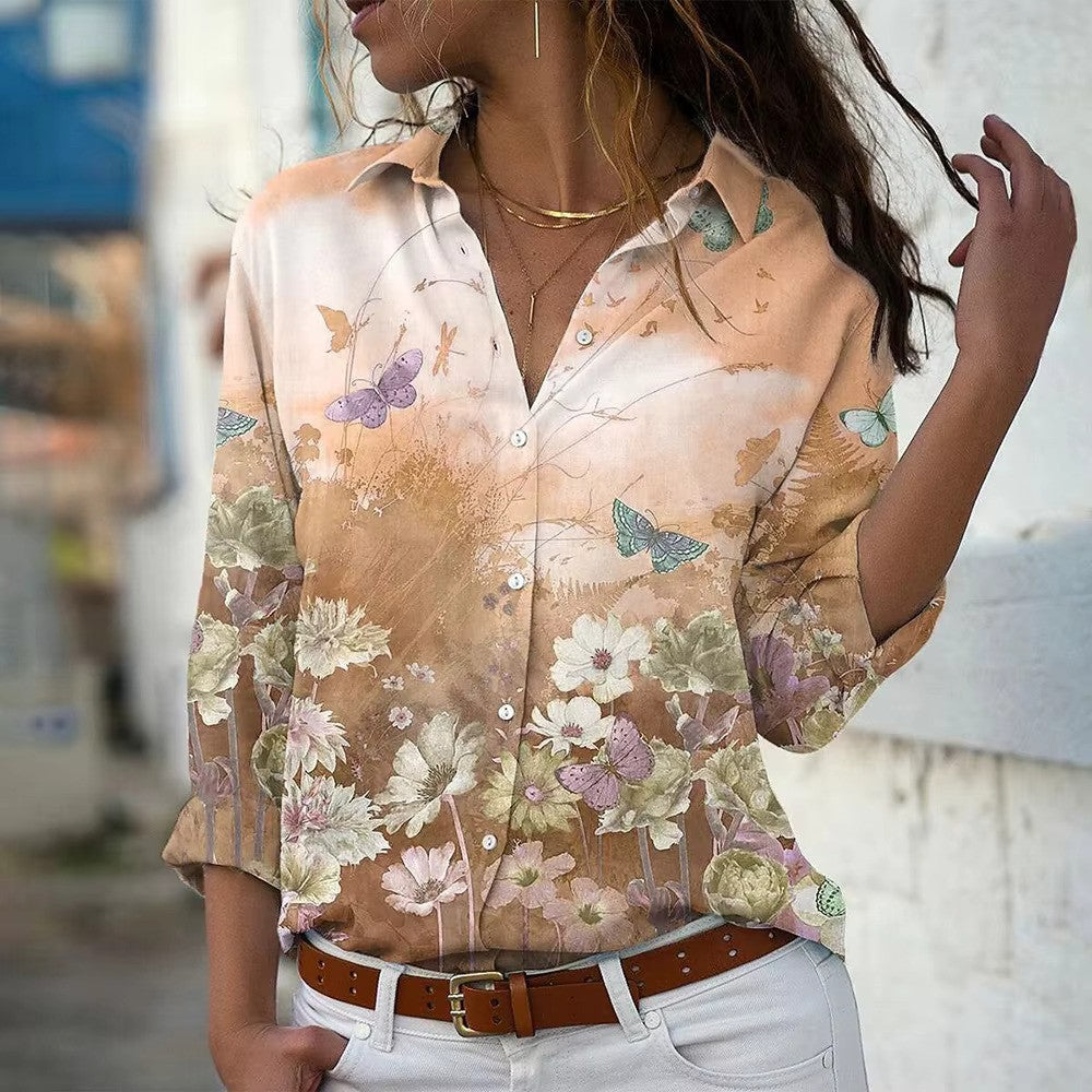 Ursel - Damen bedruckte Bluse mit Knöpfen Orange