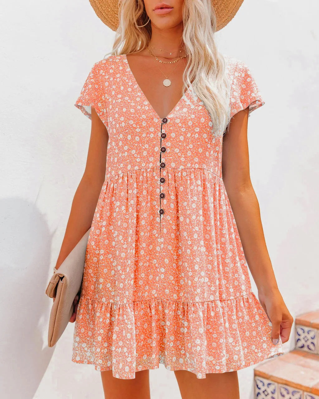 Veronika - Sommerkleid mit Blumenmuster und kurzen Ärmeln Orange