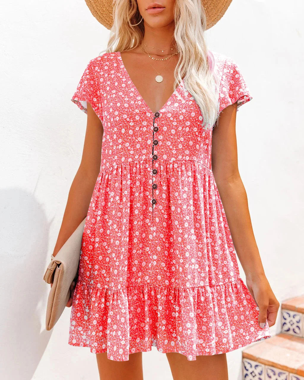 Veronika - Sommerkleid mit Blumenmuster und kurzen Ärmeln Rot
