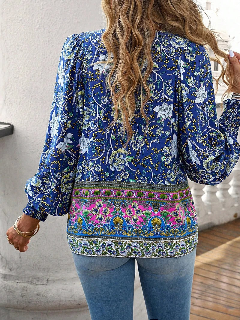 Viktoria - Damenbluse mit Blumenmuster und langen Puffärmeln Blau 2