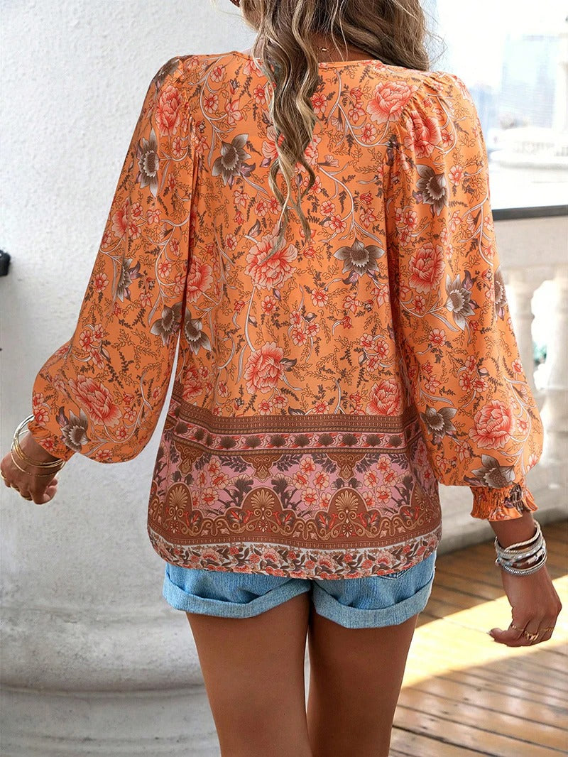 Viktoria - Damenbluse mit Blumenmuster und langen Puffärmeln Orange 2