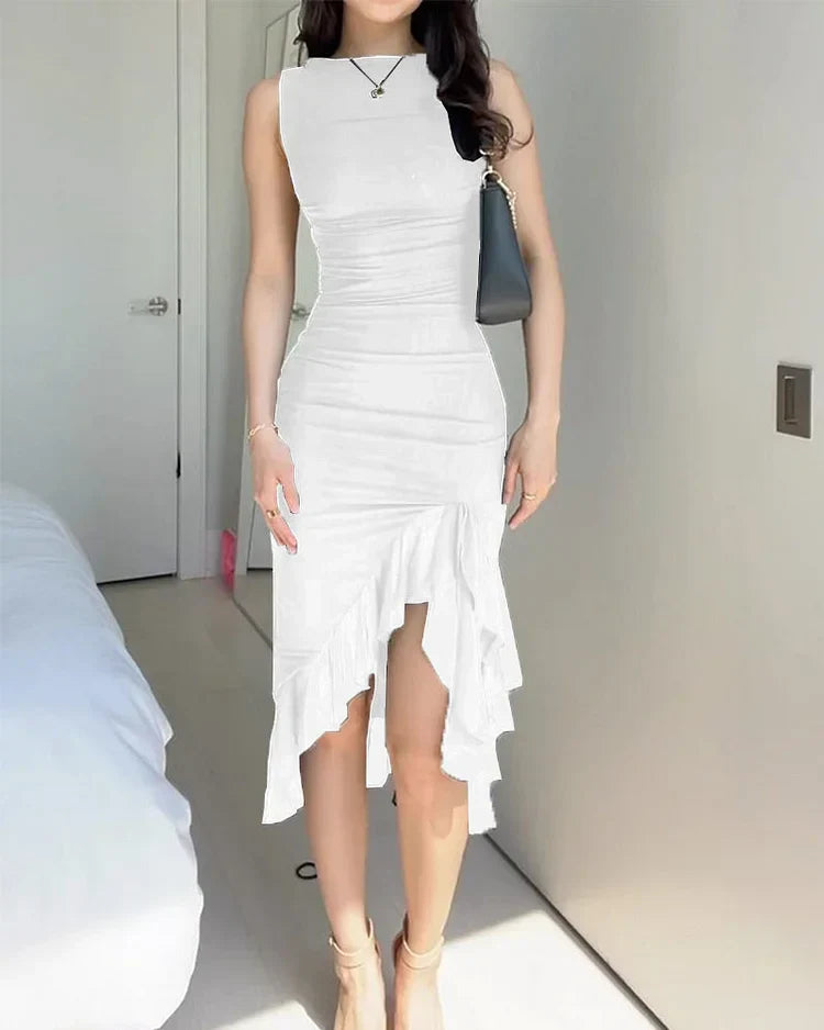 Viola - Damen ärmelloses Midikleid mit Rüschensaum WeiB