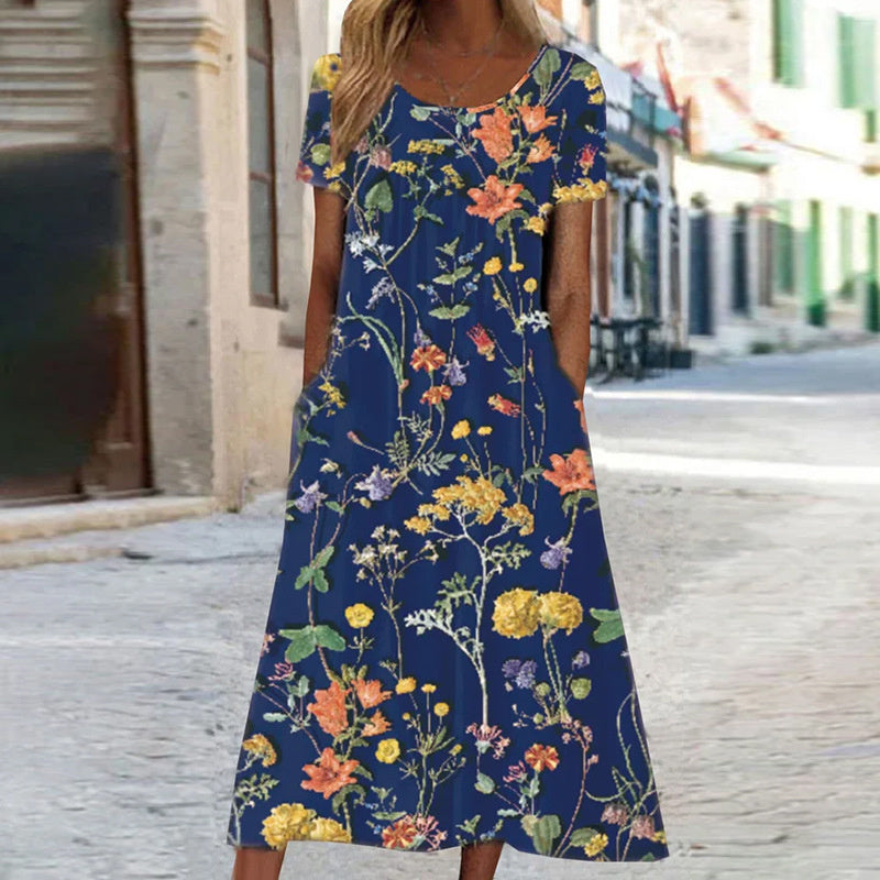Viona - Blumiges Midi-Sommerkleid Dunkelblau