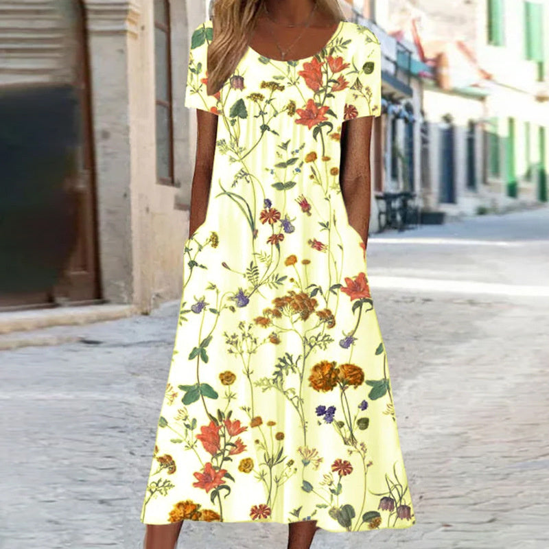 Viona - Blumiges Midi-Sommerkleid Gelb