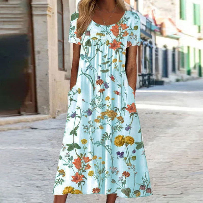 Viona - Blumiges Midi-Sommerkleid Hellblau
