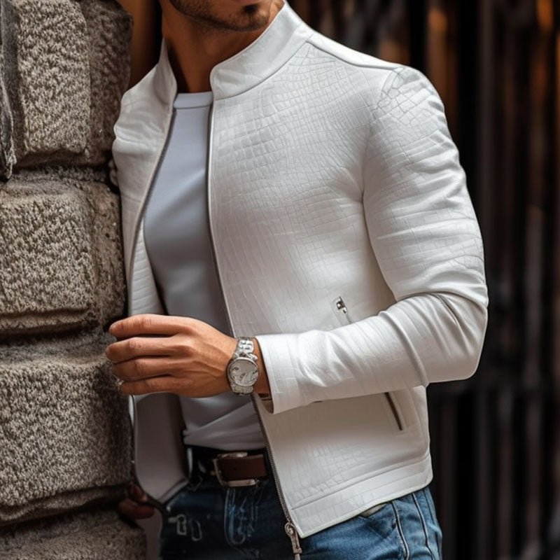 Volkmar - Lederjacke Modern Stehkragen Reißverschluss Robust Weiß