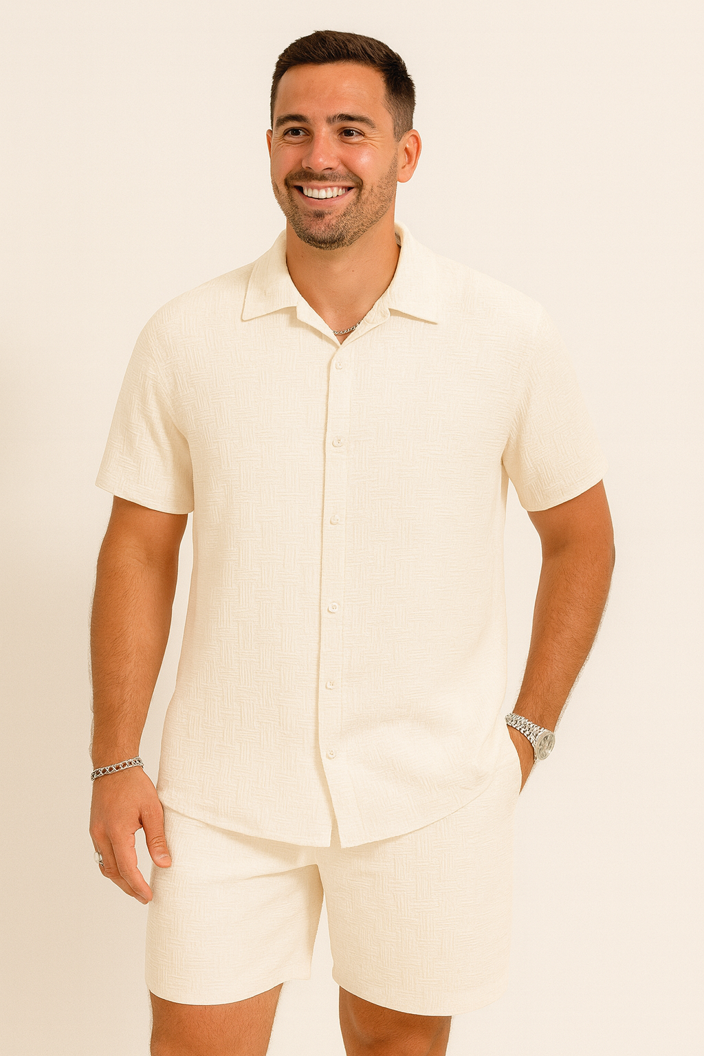 Yves – Set aus strukturiertem Hemd und Shorts - Aprikose