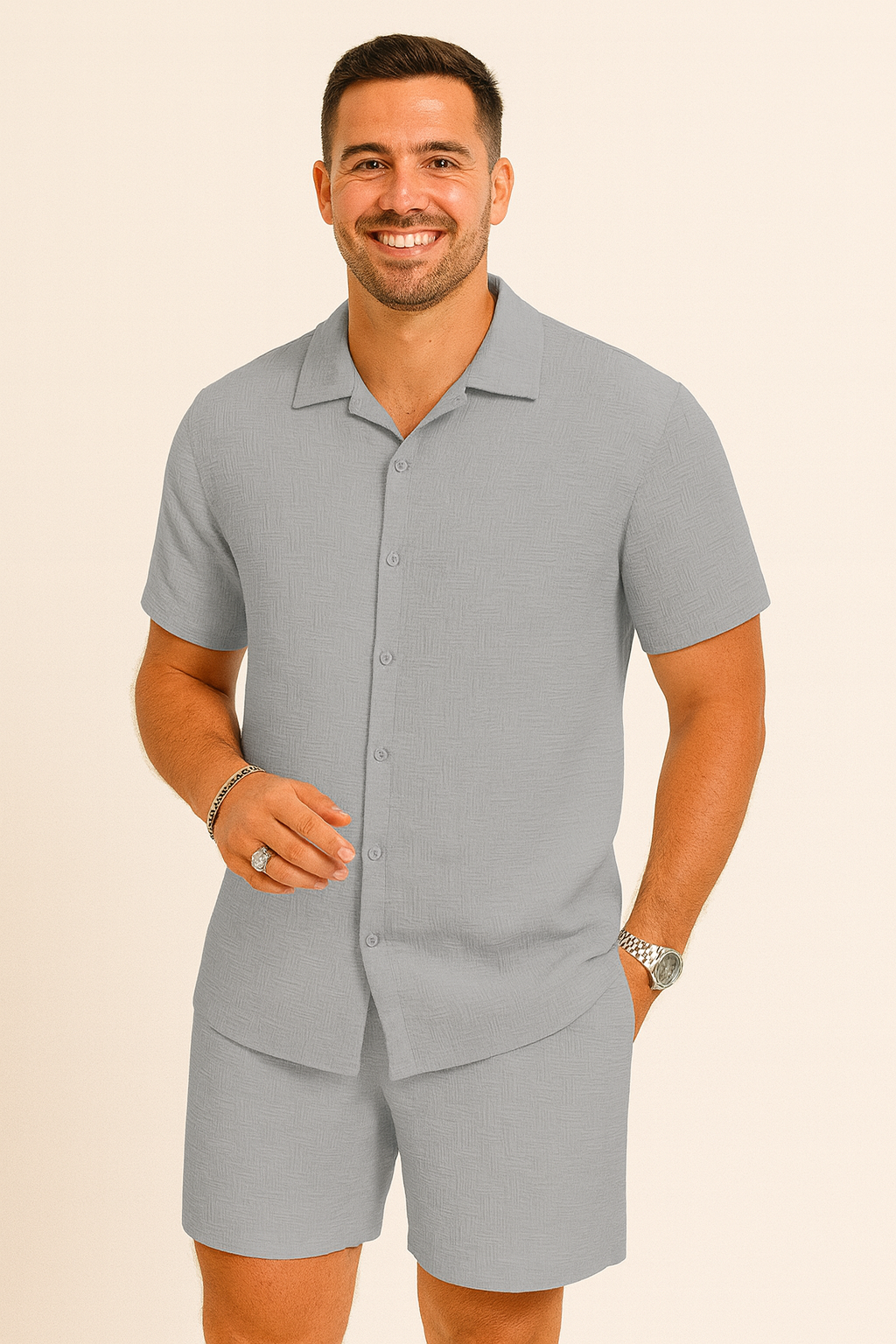 Yves – Set aus strukturiertem Hemd und Shorts - Grau