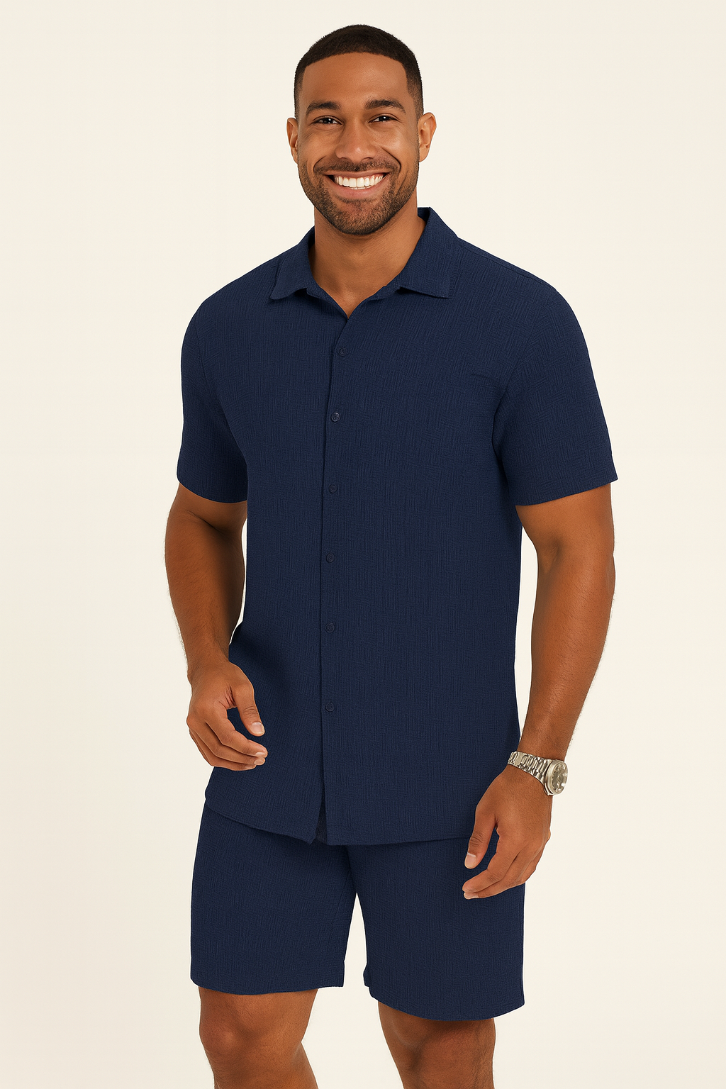 Yves – Set aus strukturiertem Hemd und Shorts - Marineblau