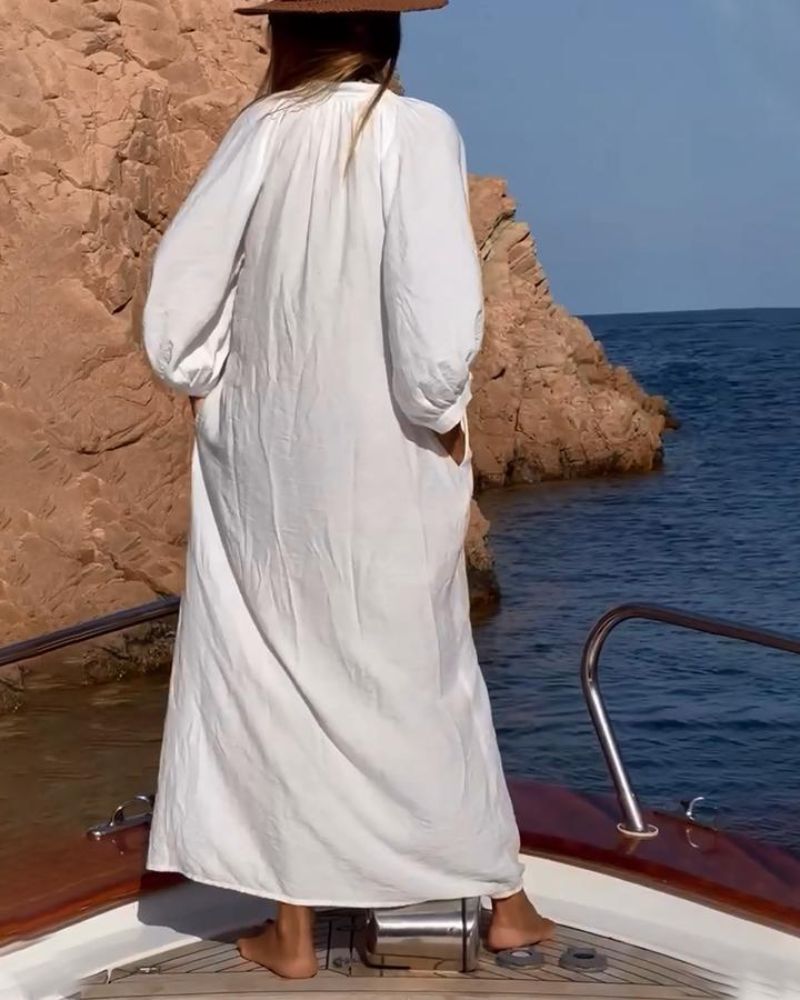 Zafira- Leichtes Maxikleid mit langen Ärmeln im Hemdstil Weiß 1