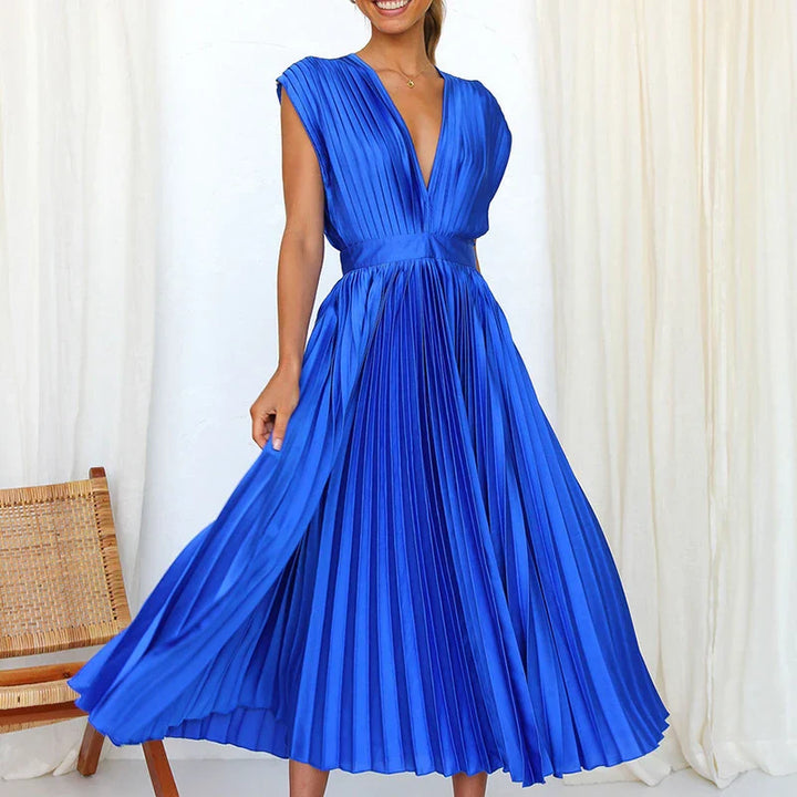 Zelia- Plissiertes Midikleid mit V-Ausschnitt und kurzen Ärmeln Blau