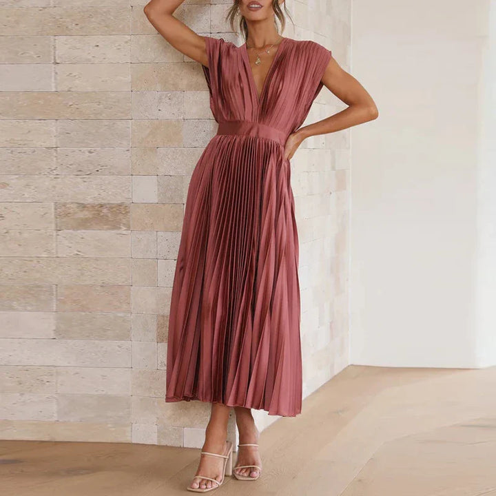 Zelia- Plissiertes Midikleid mit V-Ausschnitt und kurzen Ärmeln Dunkelrosa