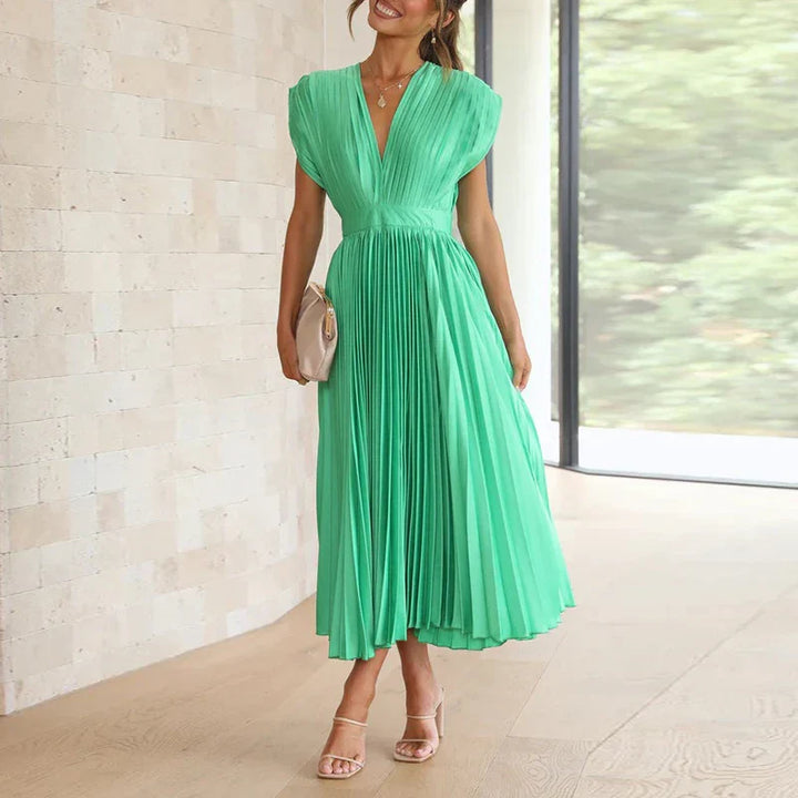 Zelia- Plissiertes Midikleid mit V-Ausschnitt und kurzen Ärmeln Grün