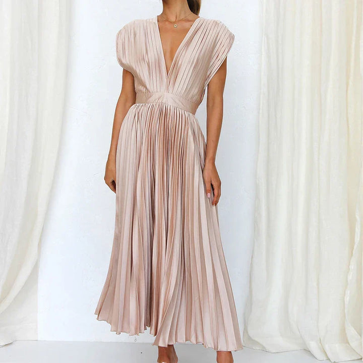 Zelia- Plissiertes Midikleid mit V-Ausschnitt und kurzen Ärmeln Rosa