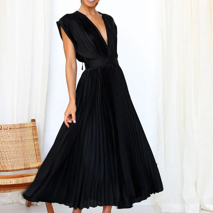 Zelia- Plissiertes Midikleid mit V-Ausschnitt und kurzen Ärmeln Schwarz