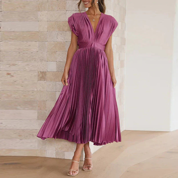 Zelia- Plissiertes Midikleid mit V-Ausschnitt und kurzen Ärmeln Violett