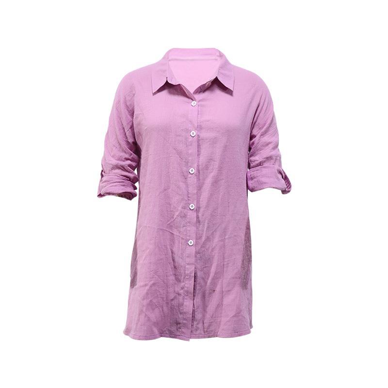 Zora- Damen Lockere Leinenbluse mit Knopfleiste und Ärmeln Lila 1