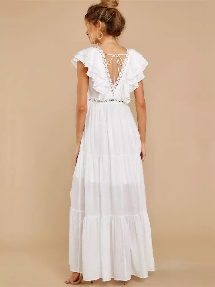 Blythe - Weißes Rüschen Maxi-Kleid mit tiefem V-Ausschnitt