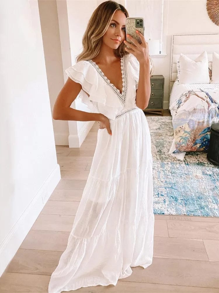 Blythe - Weißes Rüschen Maxi-Kleid mit tiefem V-Ausschnitt