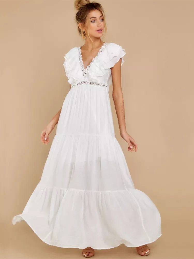 Blythe - Weißes Rüschen Maxi-Kleid mit tiefem V-Ausschnitt