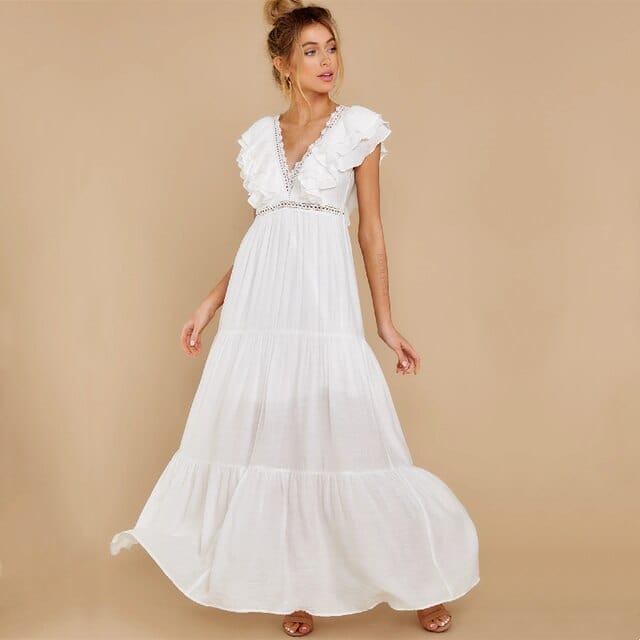 Blythe - Weißes Rüschen Maxi-Kleid mit tiefem V-Ausschnitt